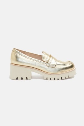 gorman Lucky Loafer in Gold / chunky croc embossed metallic loafers / shiny retro style shoes / crocodile effect - flipped