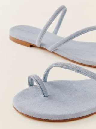 Reformation Ludo Toe Ring Strappy Flat Sandal in Mineral Suede / luxe light blue flats / women’s summer sandals