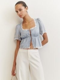Reformation Margot Top in Bueno Stripe ~ striped front tie lace trimmed tops ~ feminine fashion