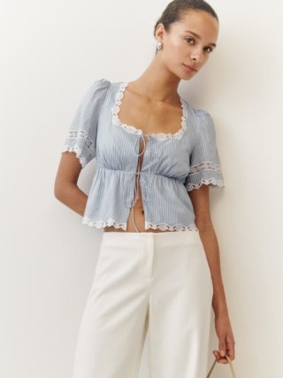 Reformation Margot Top in Bueno Stripe ~ striped front tie lace trimmed tops ~ feminine fashion - flipped