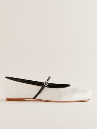 Reformation Mariella Mary Jane Ballet Flat in Ivory Satin – luxe square toe slender strap flats – luxury Mary Janes - flipped