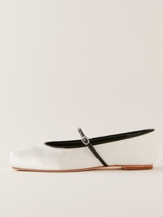 Reformation Mariella Mary Jane Ballet Flat in Ivory Satin – luxe square toe slender strap flats – luxury Mary Janes