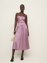 Reformation Mattea Silk Dress in Mauve Dot / silky light purple spot print skinny shoulder strap midi dresses