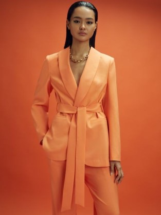 REISS SPEED MCLAREN F1 BELTED SINGLE BREASTED BLAZER in PAPAYA / women’s chic orange tie waist blazers / womens spring – summer jackets 2024
