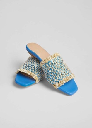 L.K. BENNETT Meera Blue Raffia Flat Sandals – fringed flats – summer shoes - flipped