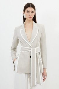 KAREN MILLEN Melange Tailored Belted Tipped Detail Blazer in Natural ~ women’s tie waist contrast trim blazers ~ chic occasion jacket
