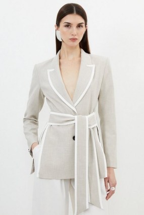 KAREN MILLEN Melange Tailored Belted Tipped Detail Blazer in Natural ~ women’s tie waist contrast trim blazers ~ chic occasion jacket