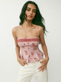 Reformation Meryl Linen Top in Tea Time – pink strappy floral print peplum tops