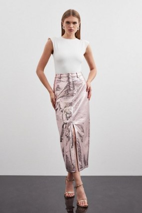 KAREN MILLEN Metallic Faux Leather Midi Skirt in Pink – shiny slit hem pencil skirts - flipped