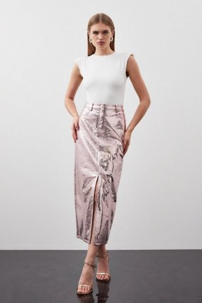 KAREN MILLEN Metallic Faux Leather Midi Skirt in Pink – shiny slit hem pencil skirts