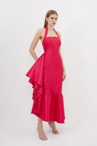 KAREN MILEN Metallic Taffeta Halterneck Ruffle Hem Midaxi Dress in Pink – ruffled halter neck occasion dresses – bright occasionwear