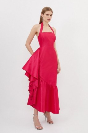 KAREN MILEN Metallic Taffeta Halterneck Ruffle Hem Midaxi Dress in Pink – ruffled halter neck occasion dresses – bright occasionwear