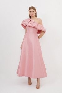 Karen Millen Metallic Taffeta One Shoulder Ruffle Full Skirt Maxi Dress in Pink – women’s ruffled prom style dresses – asymmetric neckline fit and flare