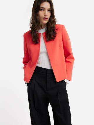 JIGSAW Modern Crepe Short Jacket in Coral / women’s bright orange collarless open front jackets - flipped