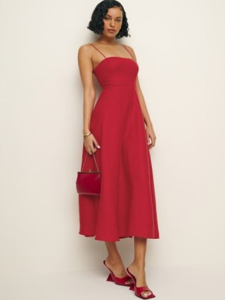Reformation Monette Linen Dress in Cherry ~ red strappy fit and flare ~ skinny shoulder strap fashion ~ feminine clothing - flipped