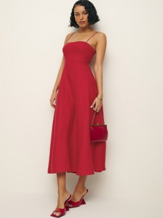 Reformation Monette Linen Dress in Cherry ~ red strappy fit and flare ~ skinny shoulder strap fashion ~ feminine clothing