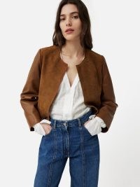 JIGSAW Nakoa Leather Mix Jacket in Tan ~ women’s chic brown collarless jackets ~ luxury clothing