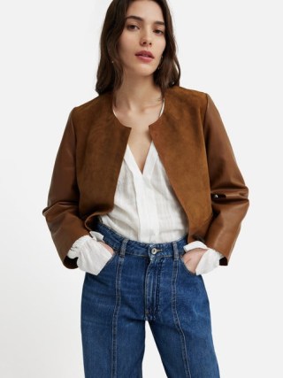 JIGSAW Nakoa Leather Mix Jacket in Tan ~ women’s chic brown collarless jackets ~ luxury clothing - flipped