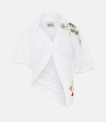 Vivienne Westwood Natalia shirt in White / women’s asymmetric floral embroidered cotton shirts