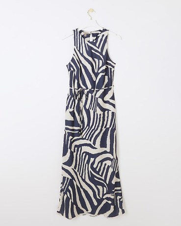 RIVER ISLAND Navy Satin Animal Print Slip Maxi Dress ~ printed silky tank dresses - flipped