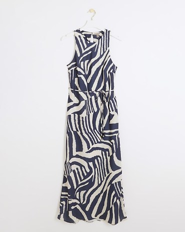 RIVER ISLAND Navy Satin Animal Print Slip Maxi Dress ~ printed silky tank dresses