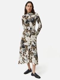 JIGSAW Floral Echo Ruched Dress in Khaki – long sleeve gathered detail midi dresses