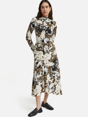 JIGSAW Floral Echo Ruched Dress in Khaki – long sleeve gathered detail midi dresses - flipped