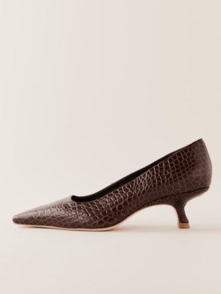 Reformation Nickie Kitten Heeled Pump in Brown Croc-Effect ~ crocodile embossed leather snip toe courts ~ animal print court shoes
