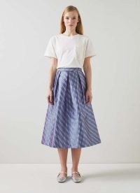 L.K. BENNETT Olsen Blue Metallic Geometric Skirt – full softly pleated skirts – luxury summer clothing