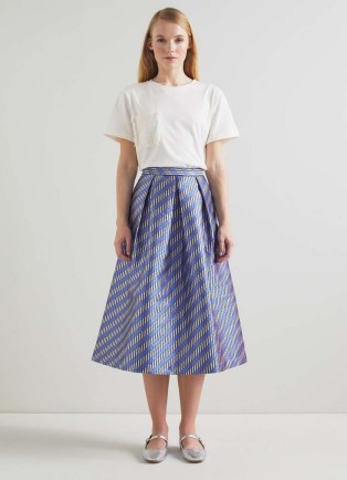 L.K. BENNETT Olsen Blue Metallic Geometric Skirt – full softly pleated skirts – luxury summer clothing - flipped