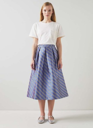 L.K. BENNETT Olsen Blue Metallic Geometric Skirt – full softly pleated skirts – luxury summer clothing