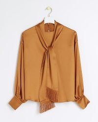 RIVER ISLAND Orange Satin Fringe Tie Neck Blouse ~ silky pussy bow blouses ~ fluid pussybow tops