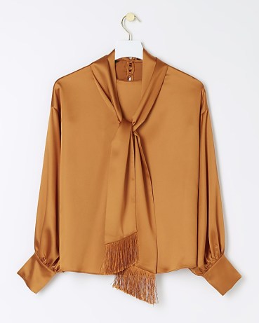 RIVER ISLAND Orange Satin Fringe Tie Neck Blouse ~ silky pussy bow blouses ~ fluid pussybow tops - flipped