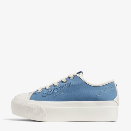 JIMMY CHOO Palma Maxi/F Denim and Latte Canvas Platform Trainers with Embroidered Logo – women’s blue platform trainer - flipped