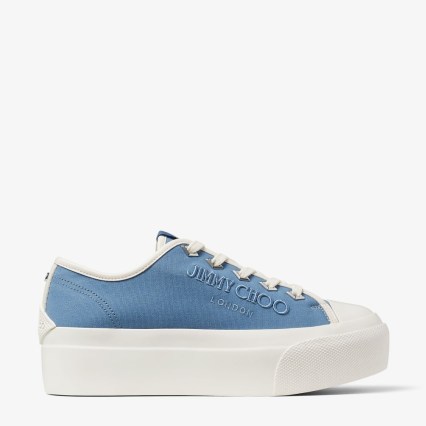 JIMMY CHOO Palma Maxi/F Denim and Latte Canvas Platform Trainers with Embroidered Logo – women’s blue platform trainer