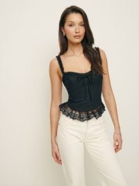 Reformation Paola Linen Top in Black ~ fitted lace trimmed tops ~ corset and bustier style fashion