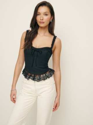 Reformation Paola Linen Top in Black ~ fitted lace trimmed tops ~ corset and bustier style fashion - flipped