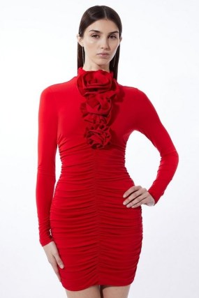 AREN MILLEN Petite Contrast Jersey Rosette Mini Dress in Red / long sleeve floral detail occasion dresses / ruched bodycon