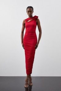 KAREN MILLEN Petite Drapey Ruched Jersey Rosette Maxi Dress in Red ~ sleeveless cut out bodycon ~ fitted party dresses