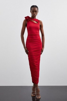 KAREN MILLEN Petite Drapey Ruched Jersey Rosette Maxi Dress in Red ~ sleeveless cut out bodycon ~ fitted party dresses - flipped