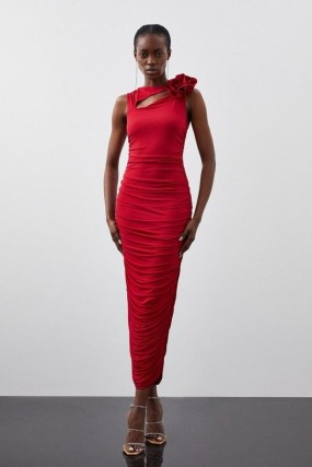 KAREN MILLEN Petite Drapey Ruched Jersey Rosette Maxi Dress in Red ~ sleeveless cut out bodycon ~ fitted party dresses