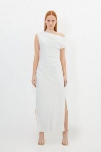 KAREN MILLEN Petite Satin Back Crepe Woven Maxi Dress in Ivory ~ elegant white one shoulder occasion dresses ~ chic occasionwear ~ asymmetric evening event clothing