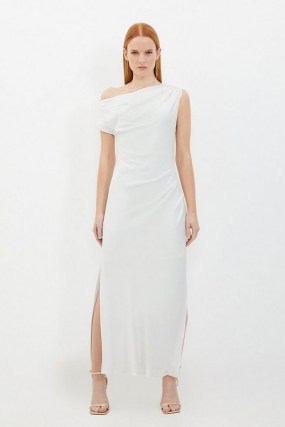 KAREN MILLEN Petite Satin Back Crepe Woven Maxi Dress in Ivory ~ elegant white one shoulder occasion dresses ~ chic occasionwear ~ asymmetric evening event clothing - flipped