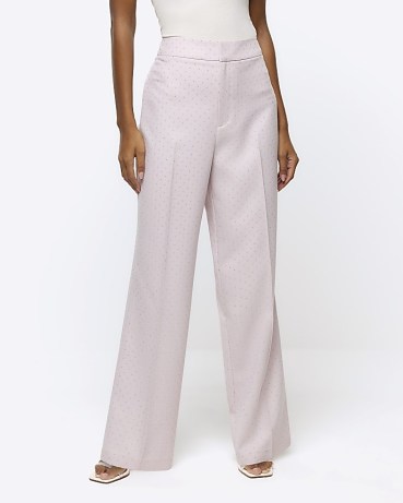 RIVER ISLAND Pink Diamante Straight Leg Trousers ~ women’s embellished evening trouser - flipped
