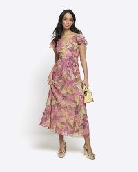 RIVER ISLAND Pink Floral Frill Sleeve Swing Midi Dress / feminine and floaty flutter sleeved dresses