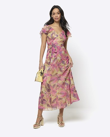 RIVER ISLAND Pink Floral Frill Sleeve Swing Midi Dress / feminine and floaty flutter sleeved dresses - flipped