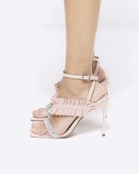 RIVER ISLAND Pink Frill Strap Heeled Sandals ~ embellished ruffle trim sandal ~ ruffled high heels ~ ankle strap party shoes
