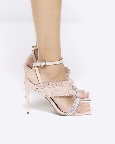 RIVER ISLAND Pink Frill Strap Heeled Sandals ~ embellished ruffle trim sandal ~ ruffled high heels ~ ankle strap party shoes - flipped