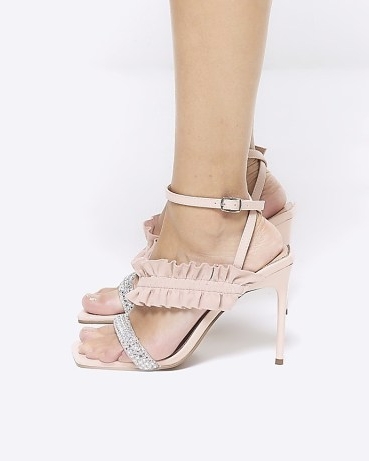 RIVER ISLAND Pink Frill Strap Heeled Sandals ~ embellished ruffle trim sandal ~ ruffled high heels ~ ankle strap party shoes