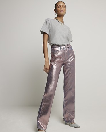 KAREN MILLEN Pink Metallic Stove Pipe Straight Jeans ~ shiny denim fashion - flipped